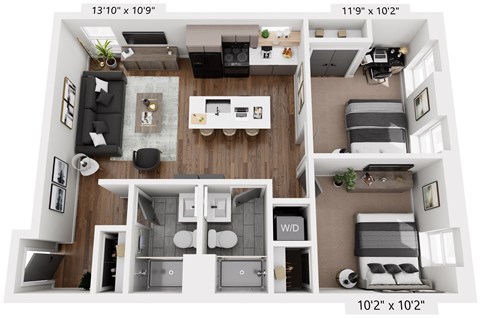 Floor plan for 2 beds, 2 baths, 705 sqft